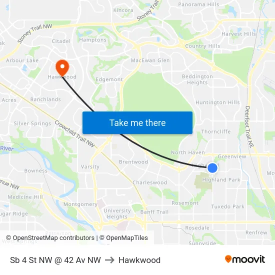 Sb 4 St NW @ 42 Av NW to Hawkwood map