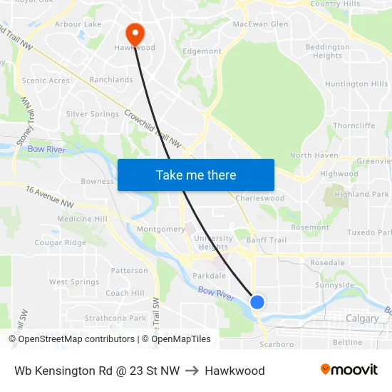 Wb Kensington Rd @ 23 St NW to Hawkwood map