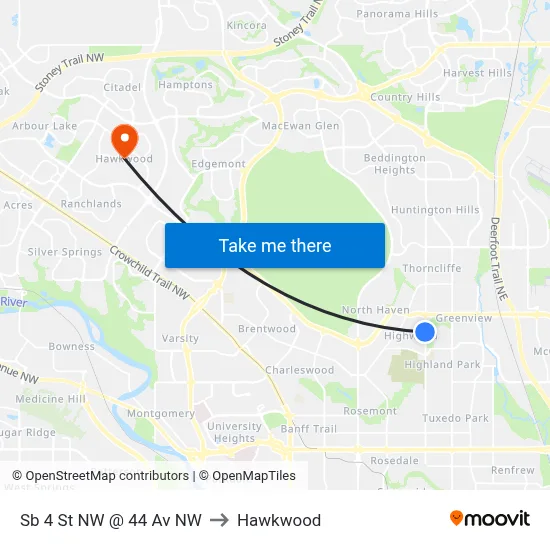 Sb 4 St NW @ 44 Av NW to Hawkwood map