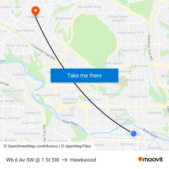 Wb 6 Av SW @ 1 St SW to Hawkwood map