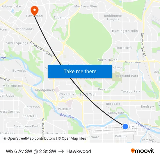 Wb 6 Av SW @ 2 St SW to Hawkwood map