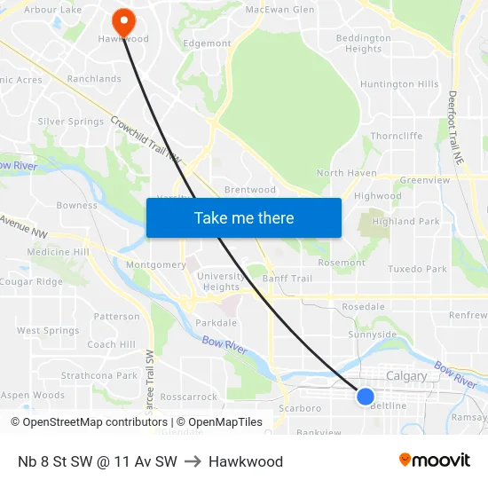 Nb 8 St SW @ 11 Av SW to Hawkwood map