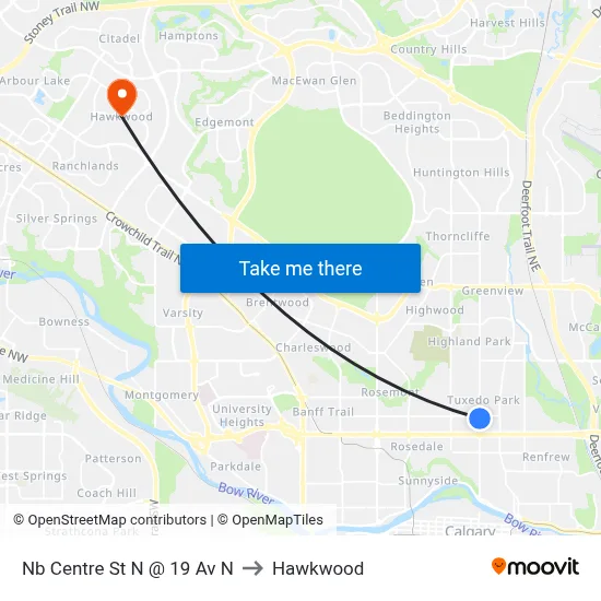 Nb Centre St N @ 19 Av N to Hawkwood map