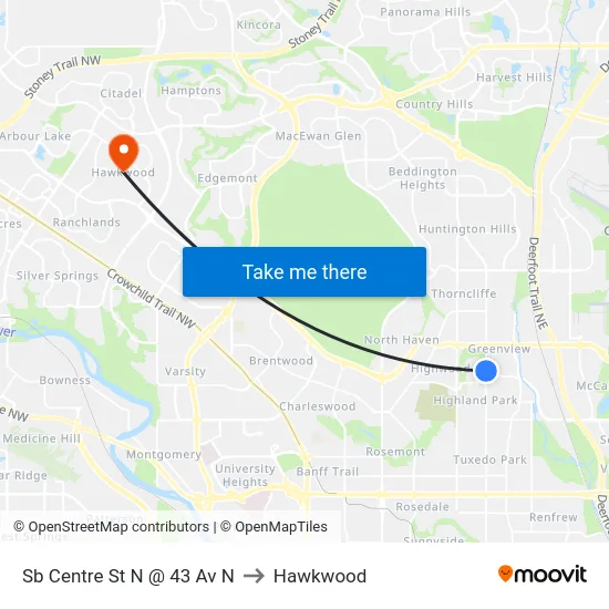 Sb Centre St N @ 43 Av N to Hawkwood map
