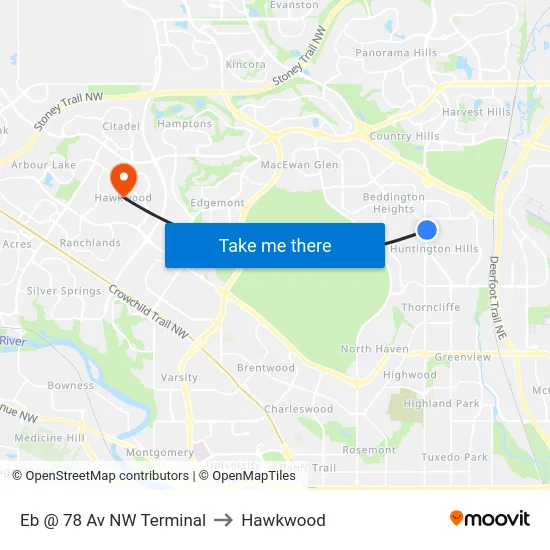Eb @ 78 Av NW Terminal to Hawkwood map