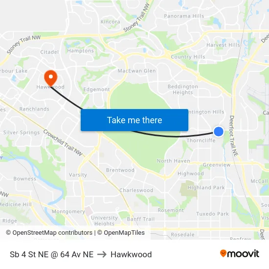 Sb 4 St NE @ 64 Av NE to Hawkwood map
