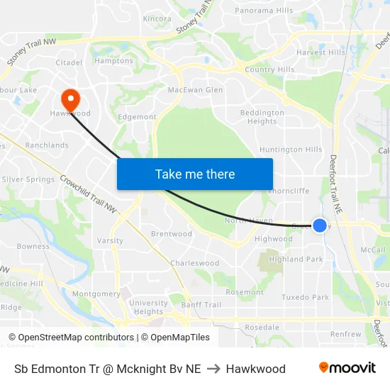 Sb Edmonton Tr @ Mcknight Bv NE to Hawkwood map