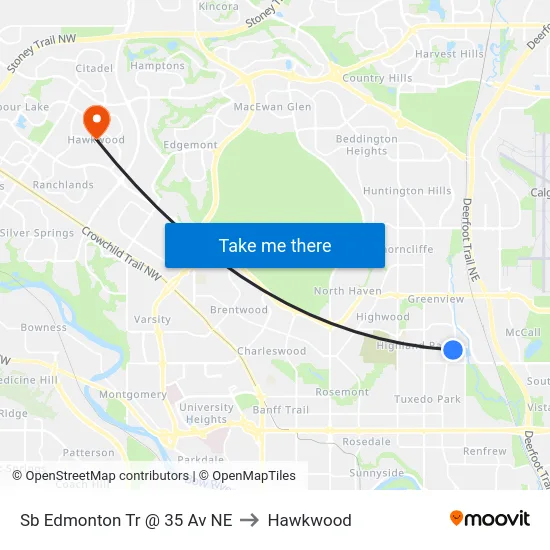 Sb Edmonton Tr @ 35 Av NE to Hawkwood map