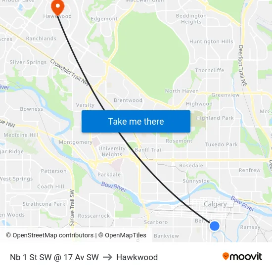 Nb 1 St SW @ 17 Av SW to Hawkwood map