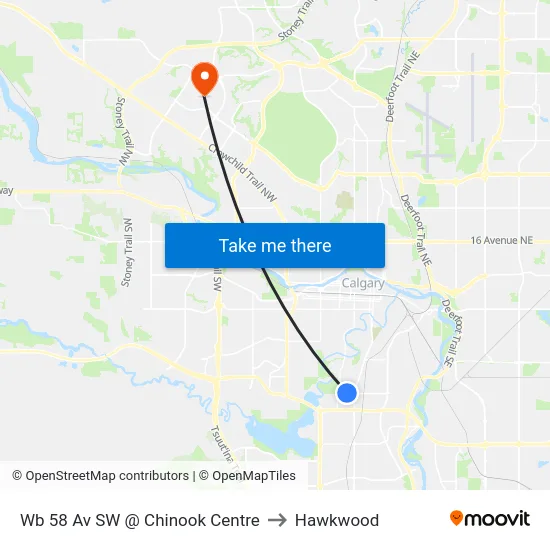 Wb 58 Av SW @ Chinook Centre to Hawkwood map