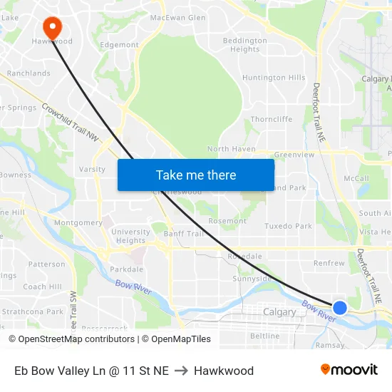 Eb Bow Valley Ln @ 11 St NE to Hawkwood map
