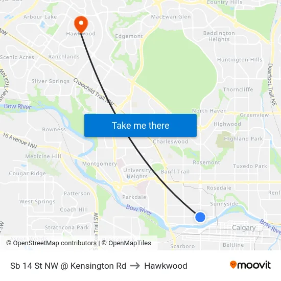 Sb 14 St NW @ Kensington Rd to Hawkwood map