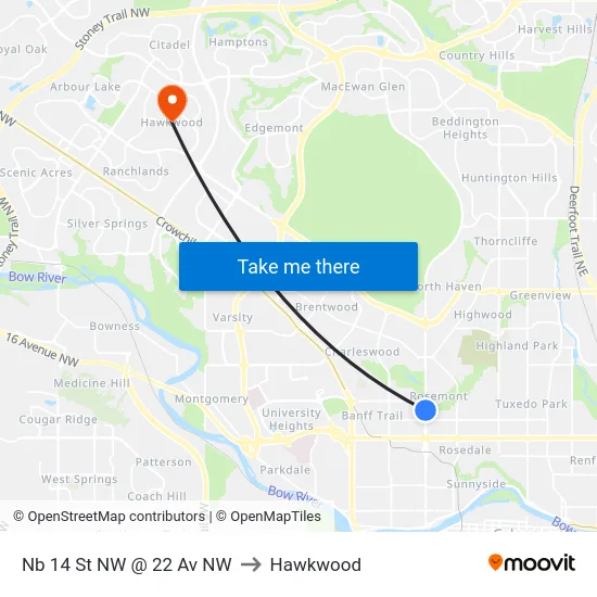 Nb 14 St NW @ 22 Av NW to Hawkwood map