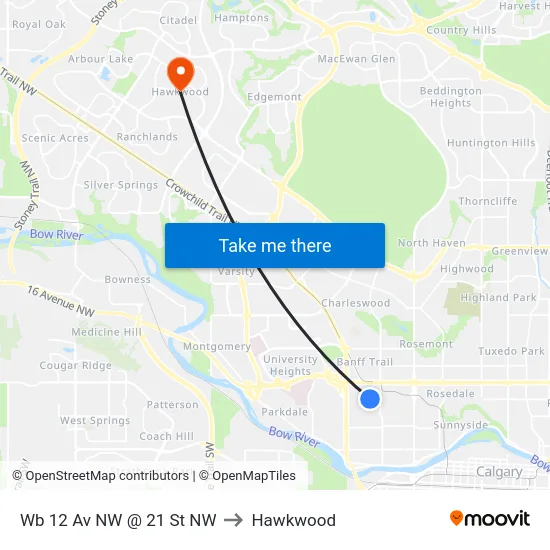 Wb 12 Av NW @ 21 St NW to Hawkwood map