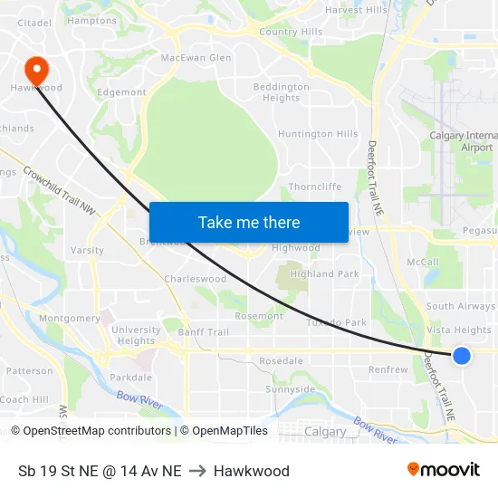 Sb 19 St NE @ 14 Av NE to Hawkwood map