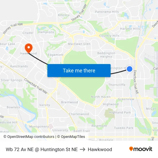 Wb 72 Av NE @ Huntington St NE to Hawkwood map