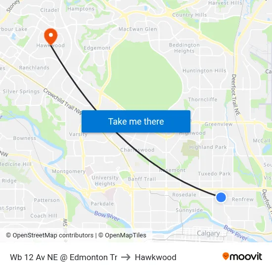 Wb 12 Av NE @ Edmonton Tr to Hawkwood map