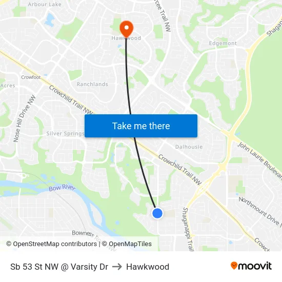 Sb 53 St NW @ Varsity Dr to Hawkwood map