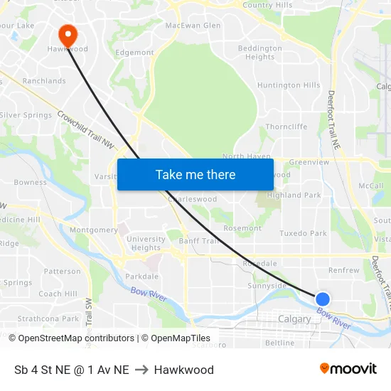 Sb 4 St NE @ 1 Av NE to Hawkwood map