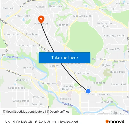 Nb 19 St NW @ 16 Av NW to Hawkwood map
