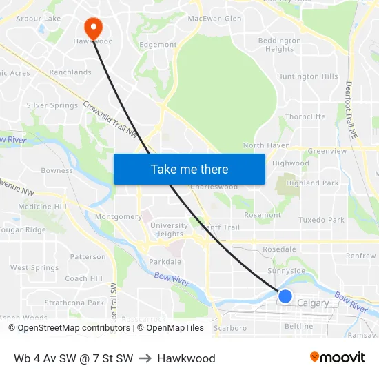 Wb 4 Av SW @ 7 St SW to Hawkwood map