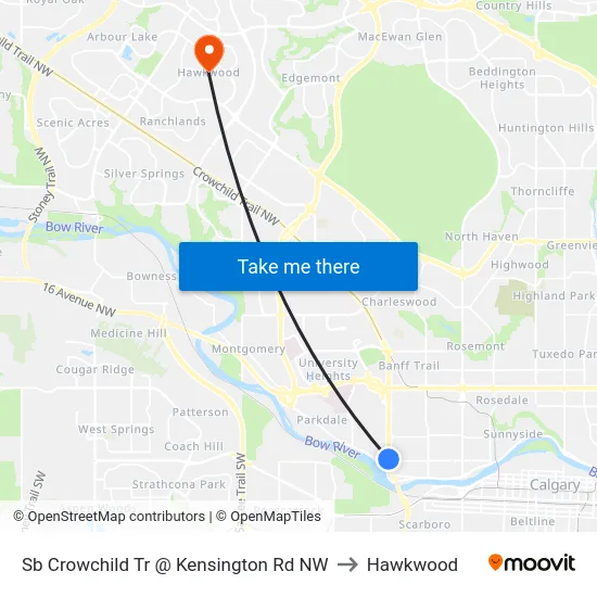 Sb Crowchild Tr @ Kensington Rd NW to Hawkwood map