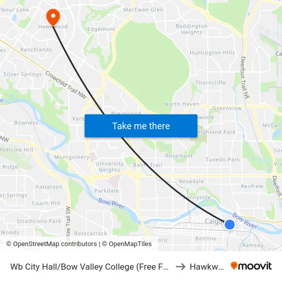 Wb City Hall/Bow Valley College (Free Fare Zone) to Hawkwood map