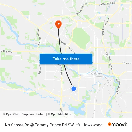 Nb Sarcee Rd @ Tommy Prince Rd SW to Hawkwood map