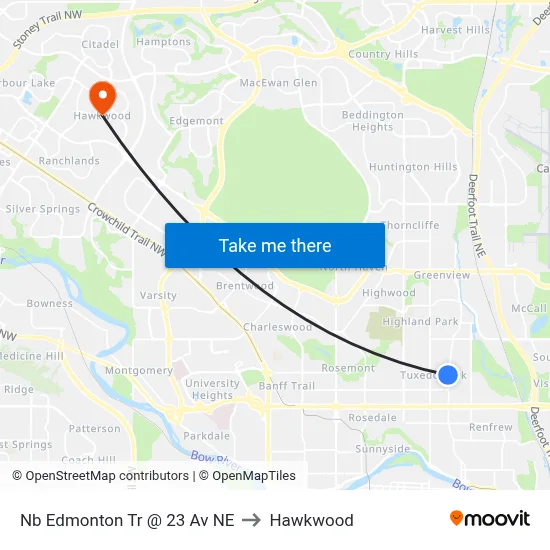 Nb Edmonton Tr @ 23 Av NE to Hawkwood map