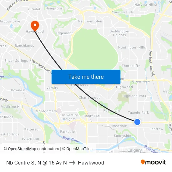 Nb Centre St N @ 16 Av N to Hawkwood map