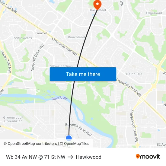 Wb 34 Av NW @ 71 St NW to Hawkwood map