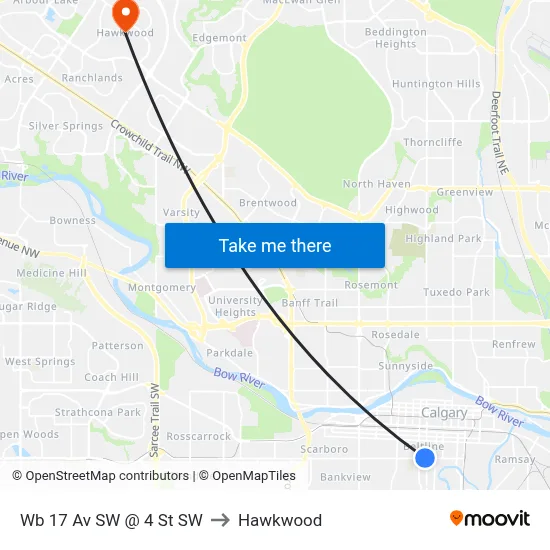 Wb 17 Av SW @ 4 St SW to Hawkwood map