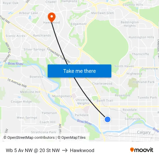 Wb 5 Av NW @ 20 St NW to Hawkwood map