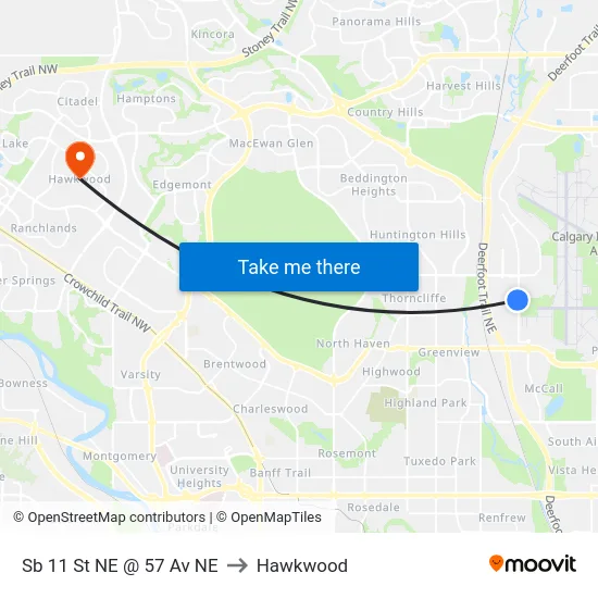 Sb 11 St NE @ 57 Av NE to Hawkwood map