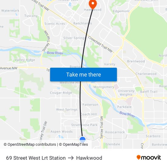 69 Street West Lrt Station to Hawkwood map
