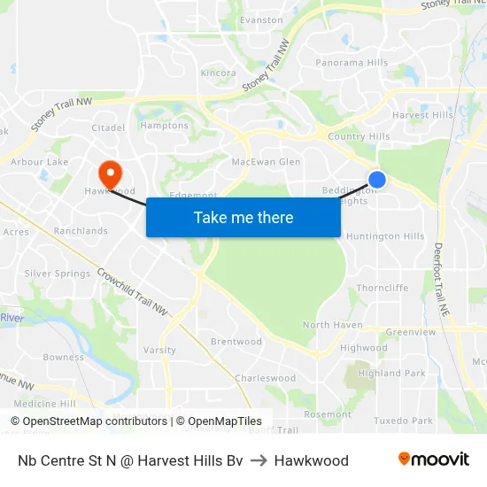 Nb Centre St N @ Harvest Hills Bv to Hawkwood map