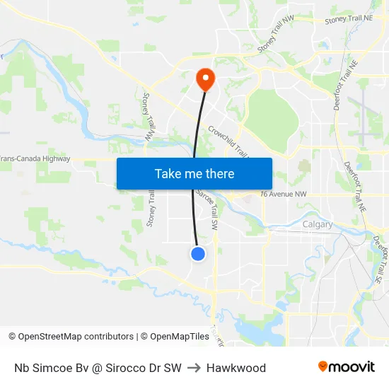 Nb Simcoe Bv @ Sirocco Dr SW to Hawkwood map