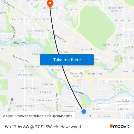 Wb 17 Av SW @ 27 St SW to Hawkwood map