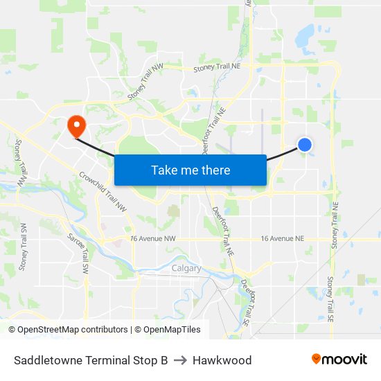 Saddletowne Terminal Stop B to Hawkwood map
