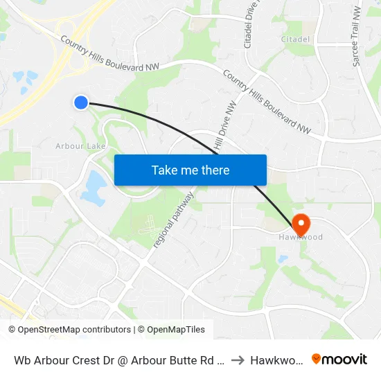 Wb Arbour Crest Dr @ Arbour Butte Rd NW to Hawkwood map