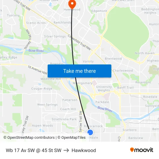 Wb 17 Av SW @ 45 St SW to Hawkwood map