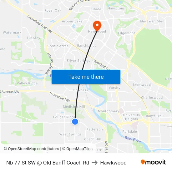 Nb 77 St SW @ Old Banff Coach Rd to Hawkwood map
