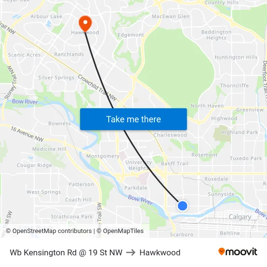 Wb Kensington Rd @ 19 St NW to Hawkwood map