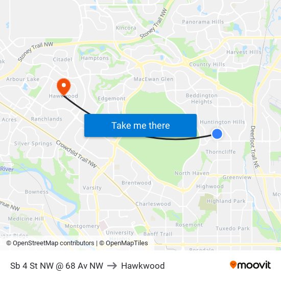 Sb 4 St NW @ 68 Av NW to Hawkwood map