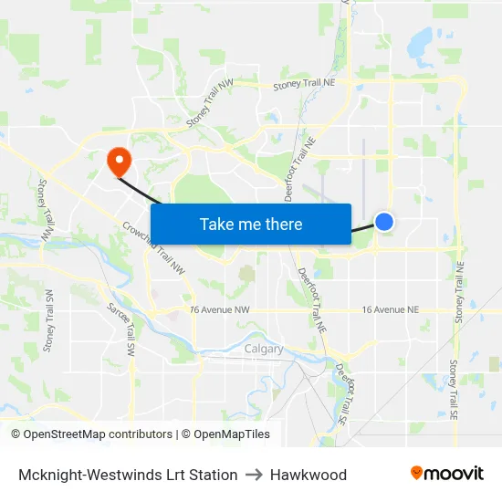 Mcknight-Westwinds Lrt Station to Hawkwood map