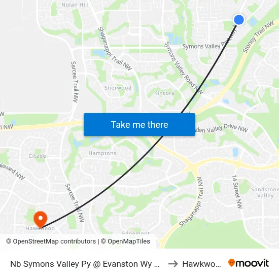 Nb Symons Valley Py @ Evanston Wy NW to Hawkwood map