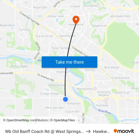 Wb Old Banff Coach Rd @ West Springs Ga SW to Hawkwood map
