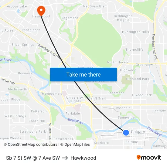 Sb 7 St SW @ 7 Ave SW to Hawkwood map