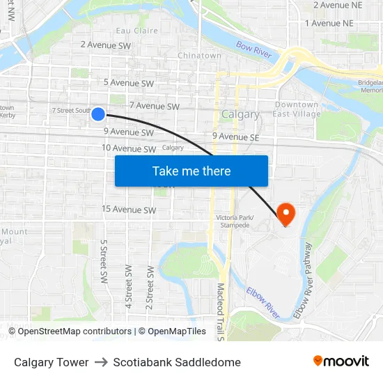 Calgary Tower to Scotiabank Saddledome map
