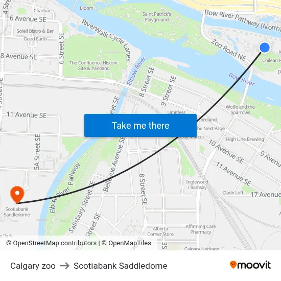 Calgary zoo to Scotiabank Saddledome map
